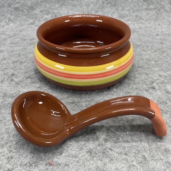VTG Sur La Table Striped Soup Salsa Bowl with Spoon Terracotta Yellow Portugal - Picture 2 of 7